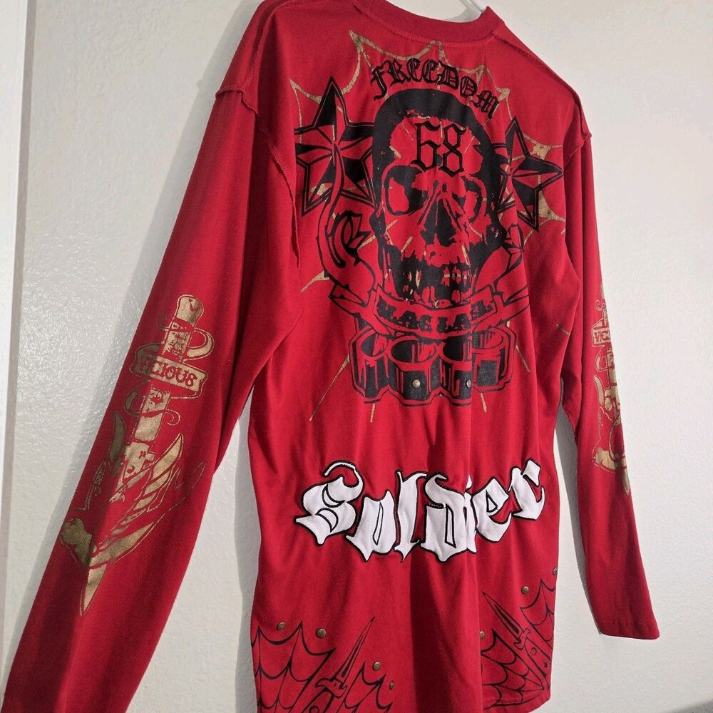 Vintage Y2K Studded Grunge Blac Label Soldier Freedom Skull Long Sleeve 3XL